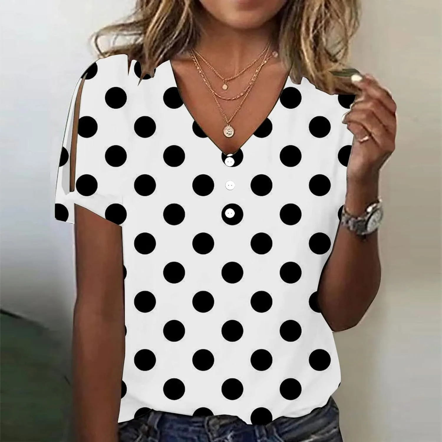 Women Polka Dot Tshirt Shirts Summer Fashion V-Neck Short Sleeve Tee Top Loose Trendy Button Decor Petite Tops Shirt