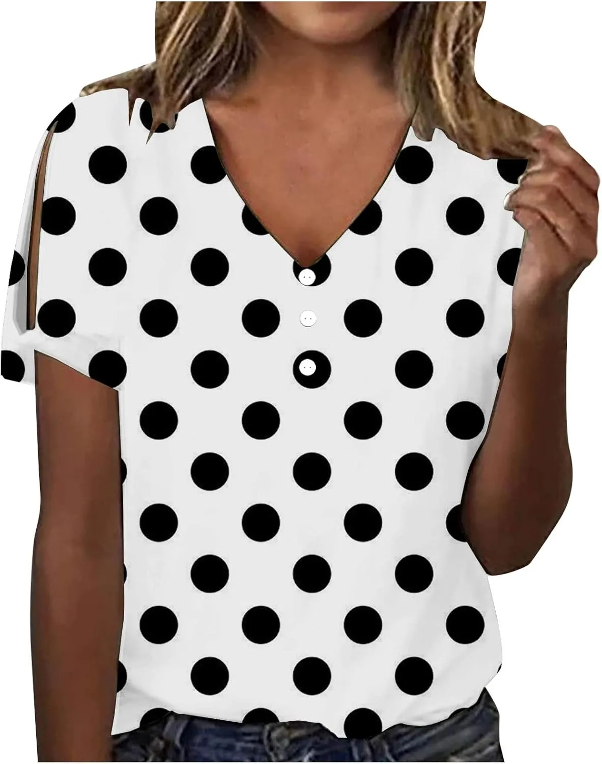 Women Polka Dot Tshirt Shirts Summer Fashion V-Neck Short Sleeve Tee Top Loose Trendy Button Decor Petite Tops Shirt