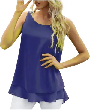 Women Sleeveless Chiffon Tank Tops Double Layers Casual Basic Blouse Tunic Shirt Fashion Flowy Vest Undershirt Clothes