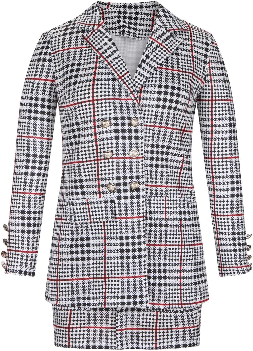 Women Suit Coat Fashion Puff Long Sleeve Print Pocket Business Casual Blazer Skirt Suit Shawl Collar Tunic Jacket