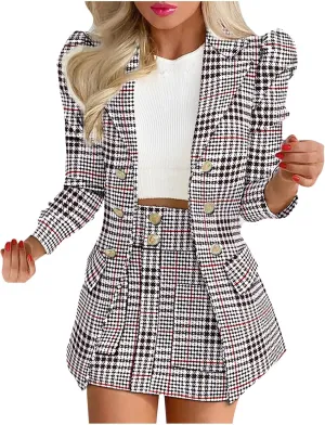 Women Suit Coat Fashion Puff Long Sleeve Print Pocket Business Casual Blazer Skirt Suit Shawl Collar Tunic Jacket