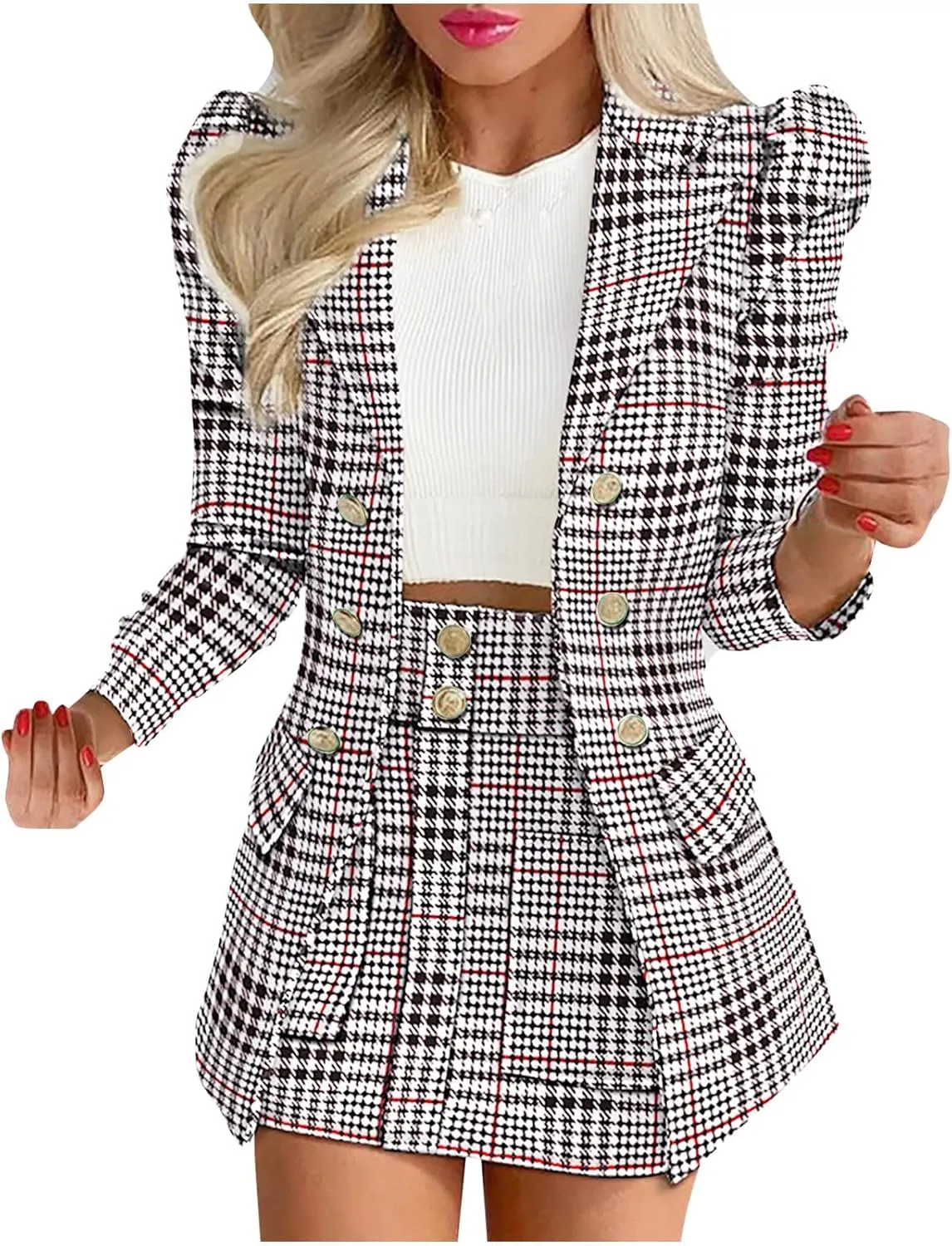 Women Suit Coat Fashion Puff Long Sleeve Print Pocket Business Casual Blazer Skirt Suit Shawl Collar Tunic Jacket