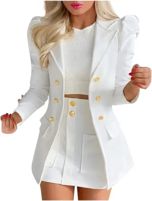 Women Suit Coat Fashion Puff Long Sleeve Print Pocket Business Casual Blazer Skirt Suit Shawl Collar Tunic Jacket