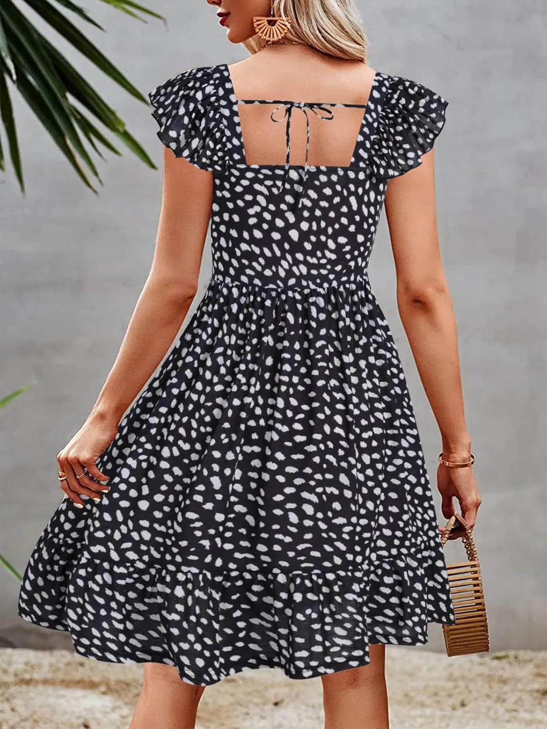 Women Summer Casual Ruffle Sleeve Floral Dress A Line Backless Beach Sundresses with Pockets