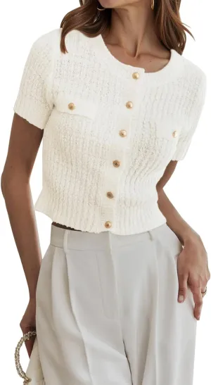 Women Summer Cropped Sweater Cardigan 2025 Short Sleeve Button Down Shirts Dressy Casual Knit Sweater Tops
