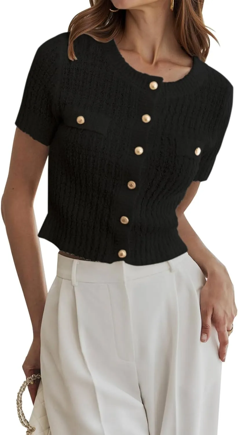 Women Summer Cropped Sweater Cardigan 2025 Short Sleeve Button Down Shirts Dressy Casual Knit Sweater Tops