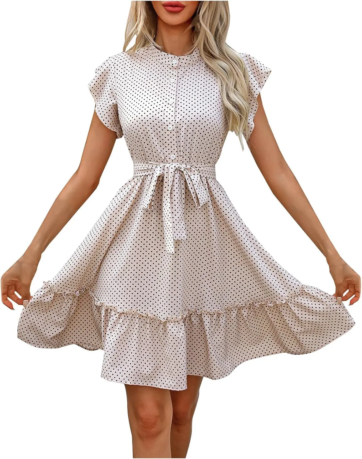 Women Summer Dresses Flutter Sleeve Button Down Stand Collar Polk Dot Print A-Line Shirt Dress Belt Ruffle Mini Dress