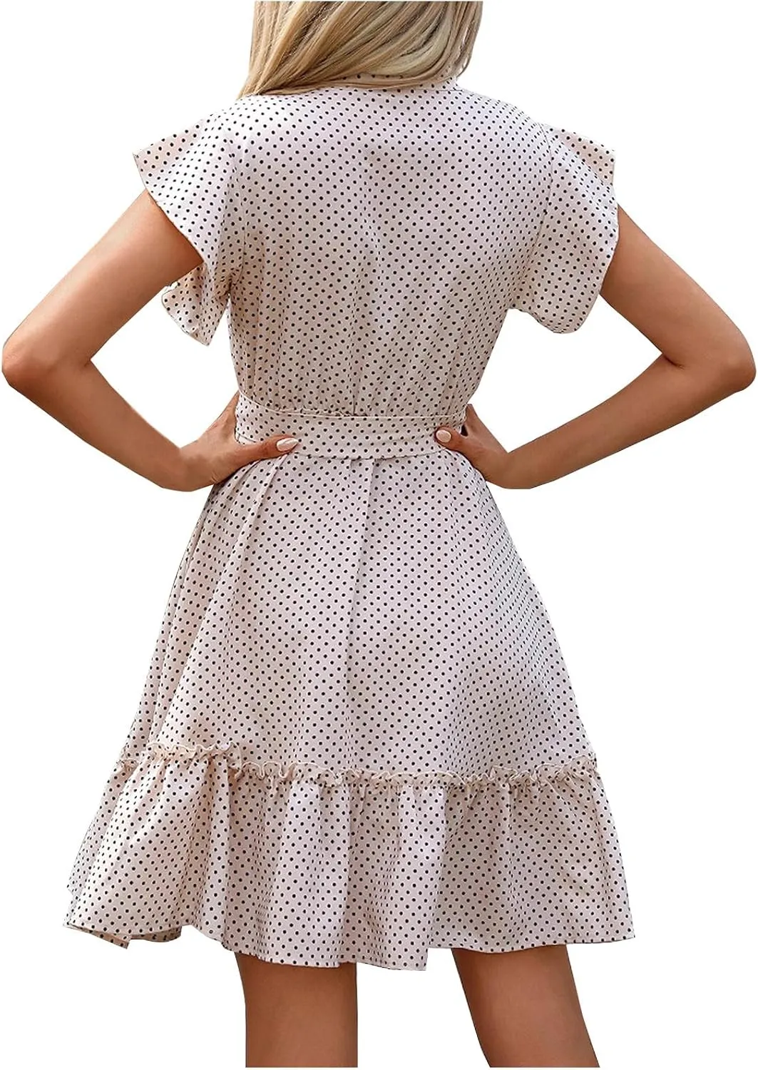 Women Summer Dresses Flutter Sleeve Button Down Stand Collar Polk Dot Print A-Line Shirt Dress Belt Ruffle Mini Dress