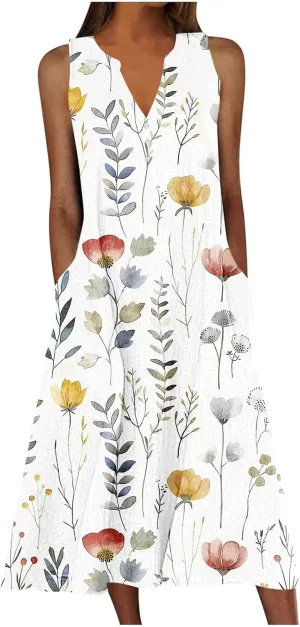 Women Summer Dresses Sleeveless Tshirts Dress Casual Loose Henry Button Neck Dress Flowy Swing Sundresses with Pockets