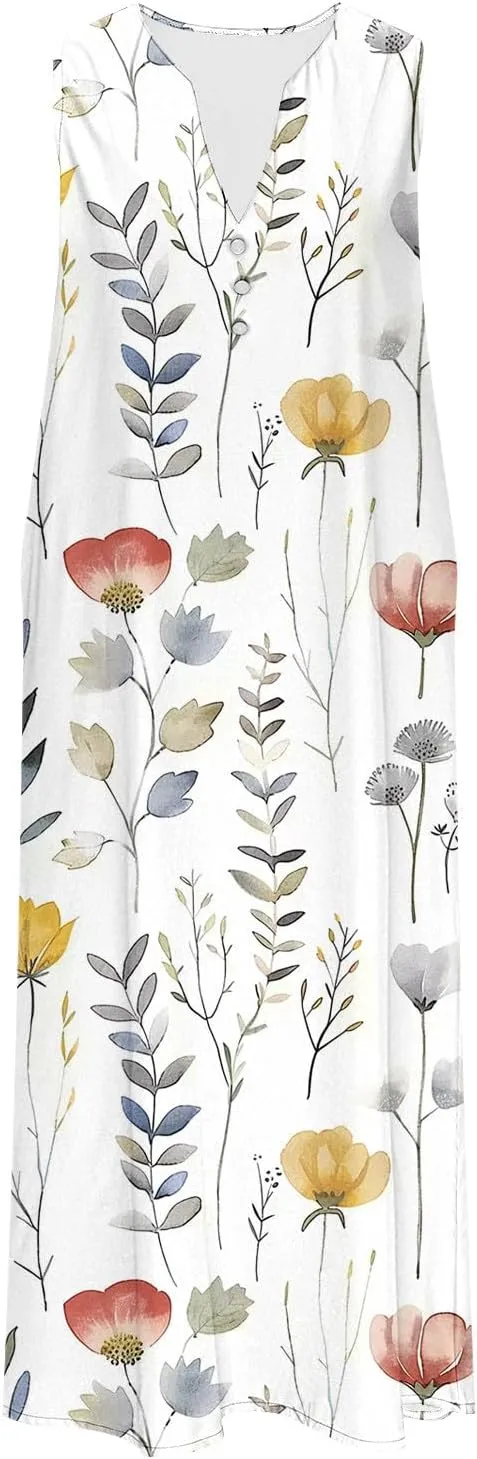 Women Summer Dresses Sleeveless Tshirts Dress Casual Loose Henry Button Neck Dress Flowy Swing Sundresses with Pockets