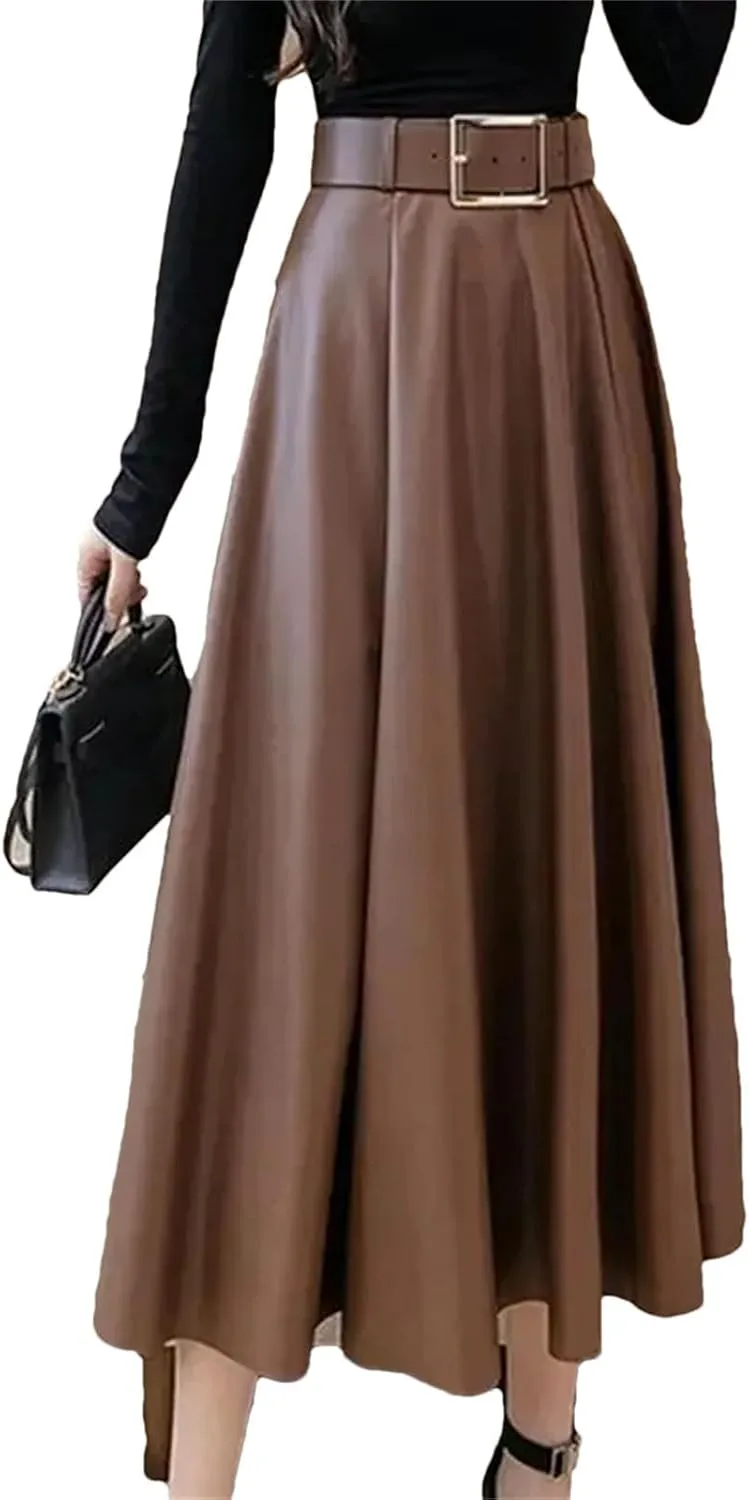 Women Vintage Solid Leather Pleated Belt Midi Skirt Winter High Waist Large Swing A Line Skirts