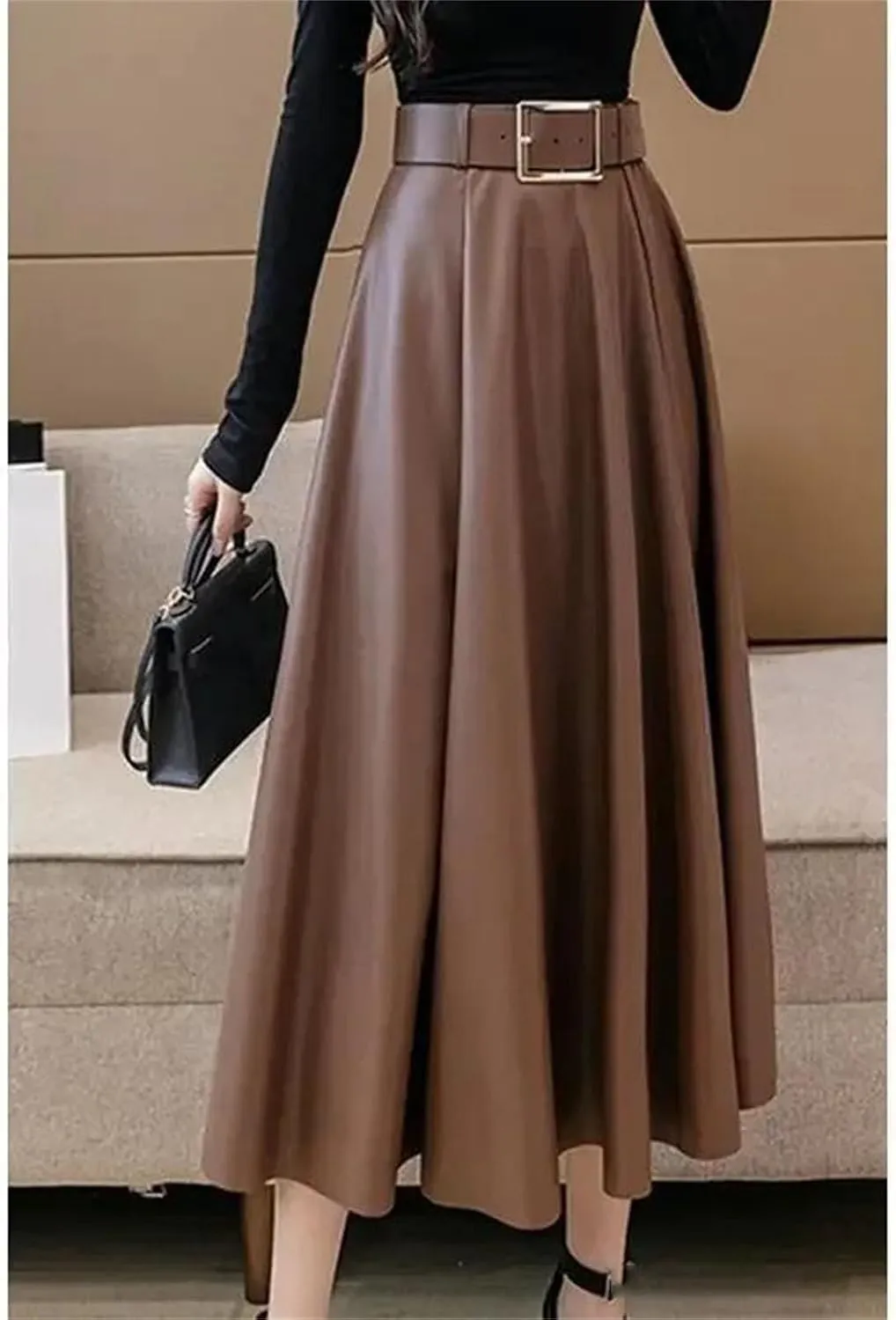 Women Vintage Solid Leather Pleated Belt Midi Skirt Winter High Waist Large Swing A Line Skirts