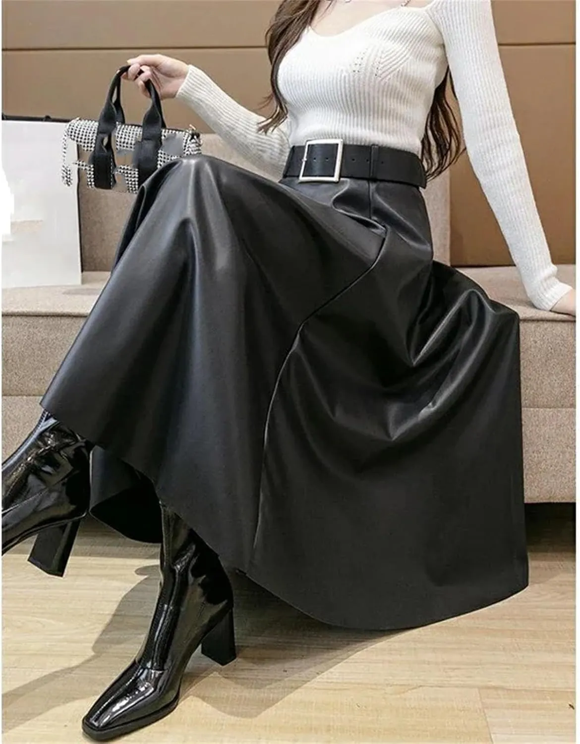 Women Vintage Solid Leather Pleated Belt Midi Skirt Winter High Waist Large Swing A Line Skirts