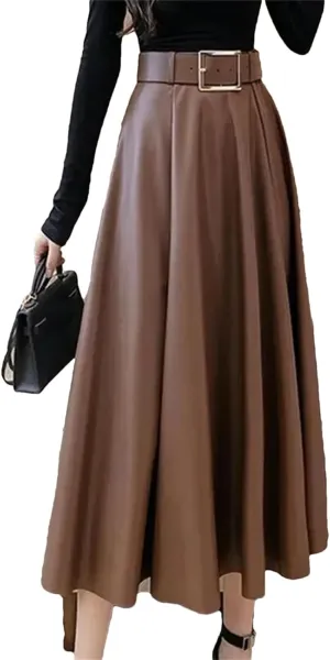 Women Vintage Solid Leather Pleated Belt Midi Skirt Winter High Waist Large Swing A Line Skirts