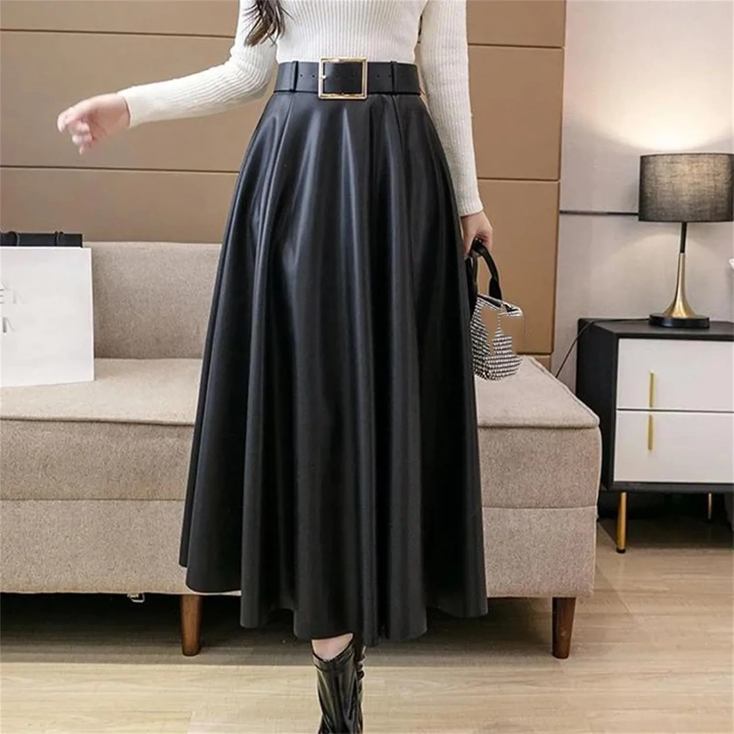 Women Vintage Solid Leather Pleated Belt Midi Skirt Winter High Waist Large Swing A Line Skirts