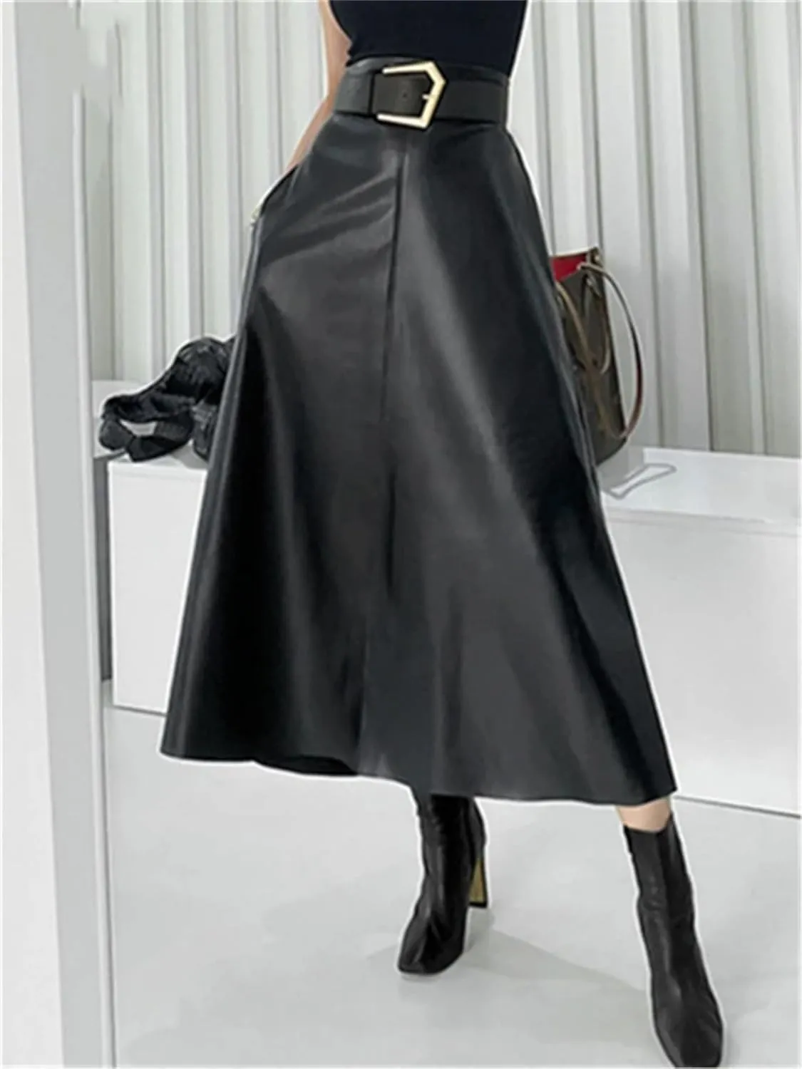 Women Winter Classic Faux PU Leather Long Skirts with Belted High Waist Midi Skirts Female