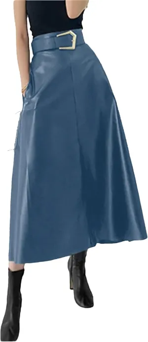 Women Winter Classic Faux PU Leather Long Skirts with Belted High Waist Midi Skirts Female