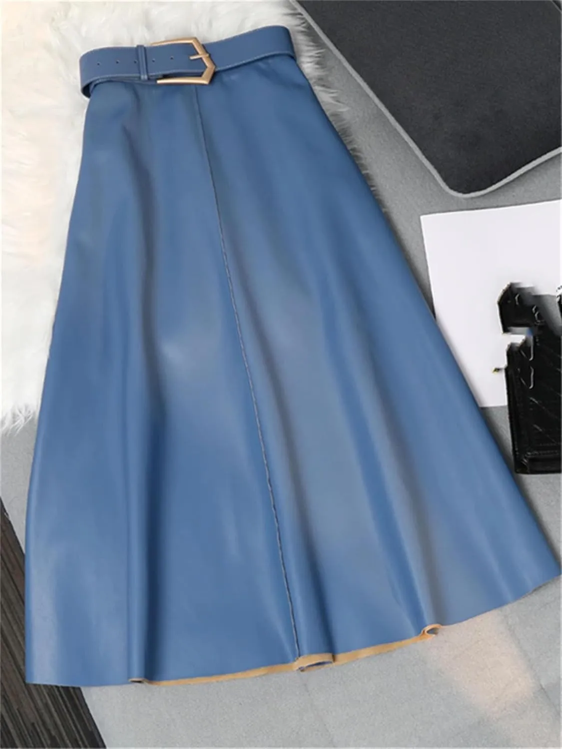 Women Winter Classic Faux PU Leather Long Skirts with Belted High Waist Midi Skirts Female