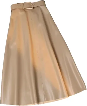Women Winter Classic Faux PU Leather Long Skirts with Belted High Waist Midi Skirts Female