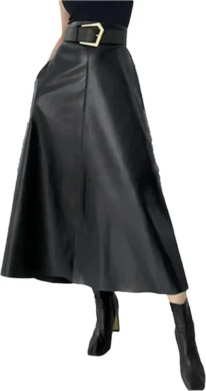 Women Winter Classic Faux PU Leather Long Skirts with Belted High Waist Midi Skirts Female