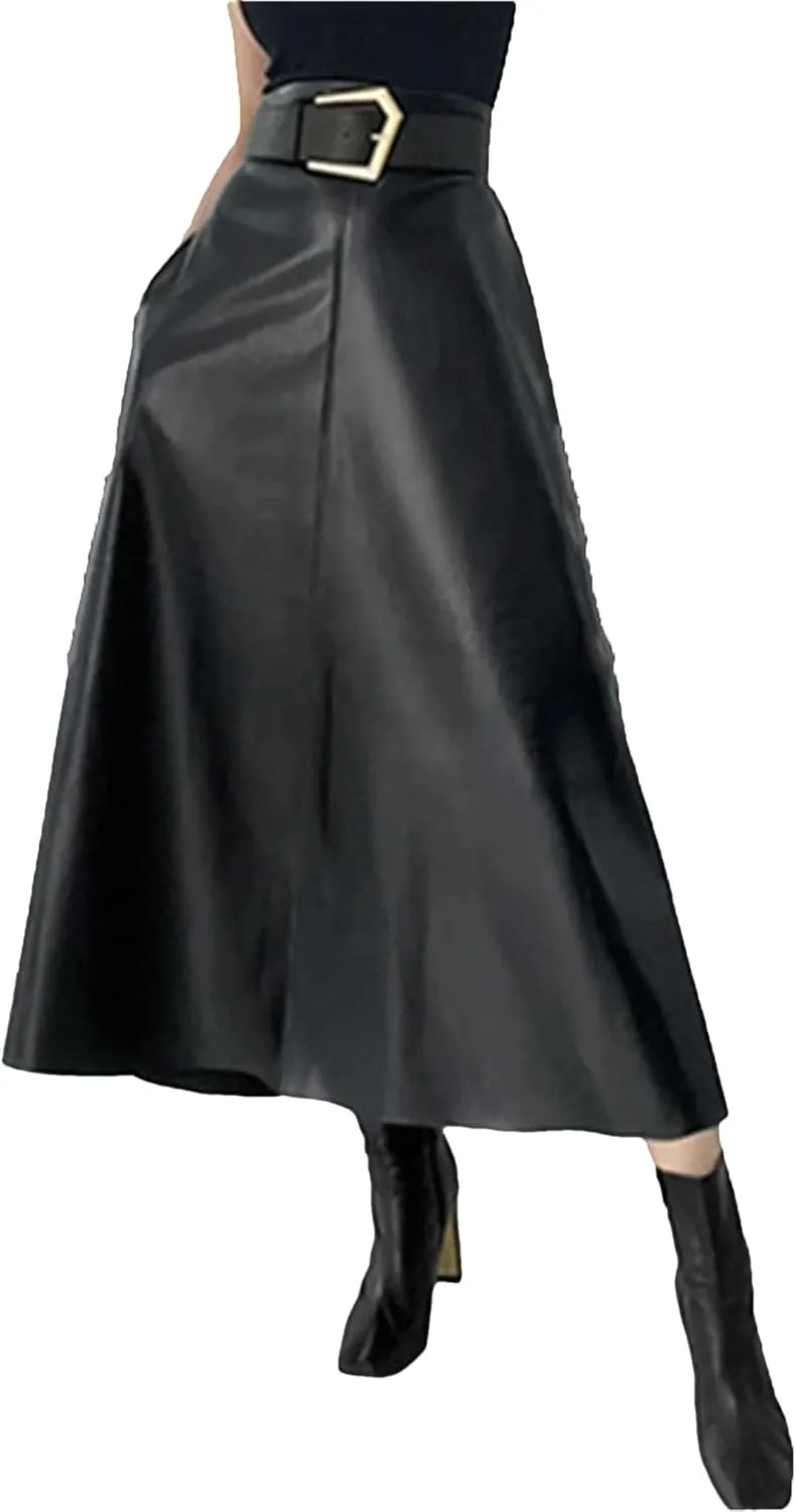 Women Winter Classic Faux PU Leather Long Skirts with Belted High Waist Midi Skirts Female