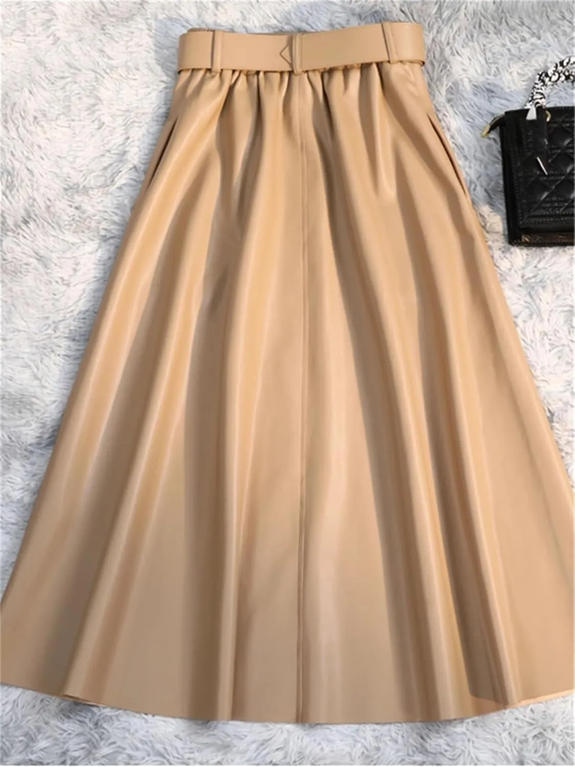 Women Winter Classic Faux PU Leather Long Skirts with Belted High Waist Midi Skirts Female