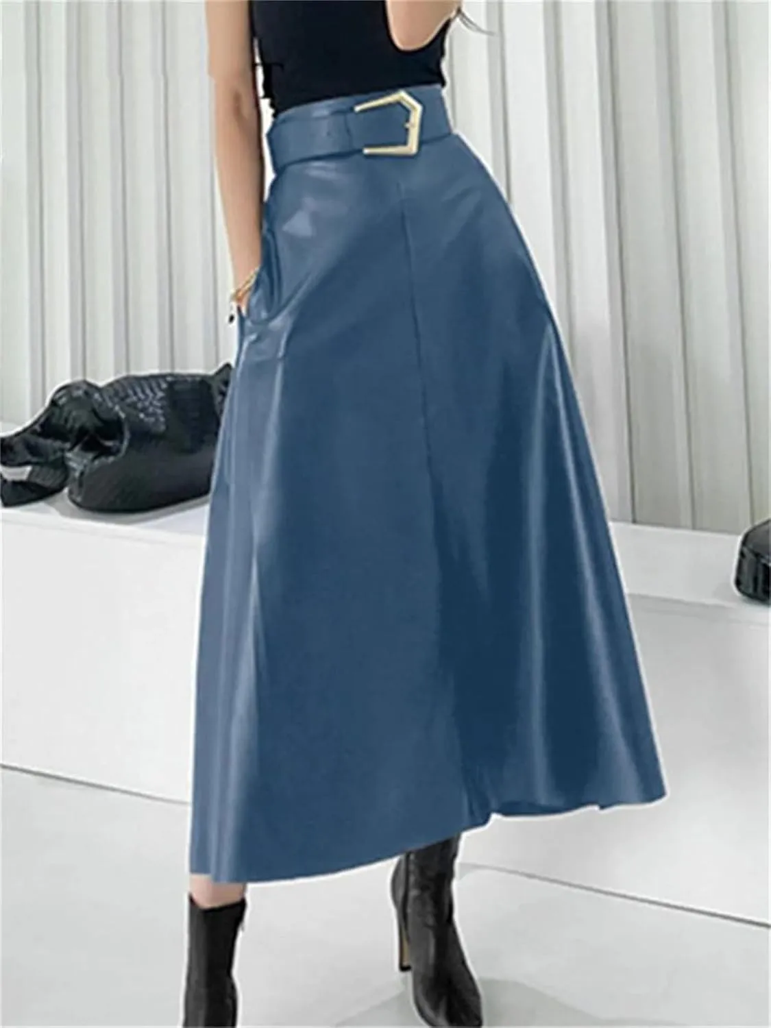 Women Winter Classic Faux PU Leather Long Skirts with Belted High Waist Midi Skirts Female