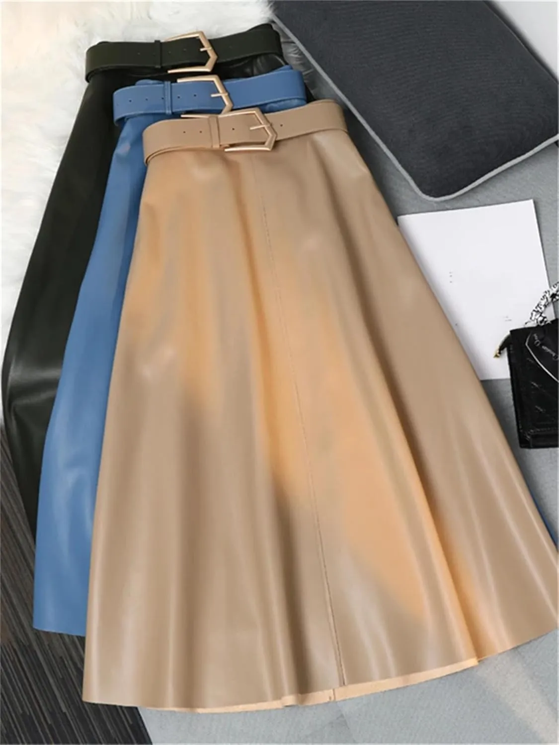 Women Winter Classic Faux PU Leather Long Skirts with Belted High Waist Midi Skirts Female