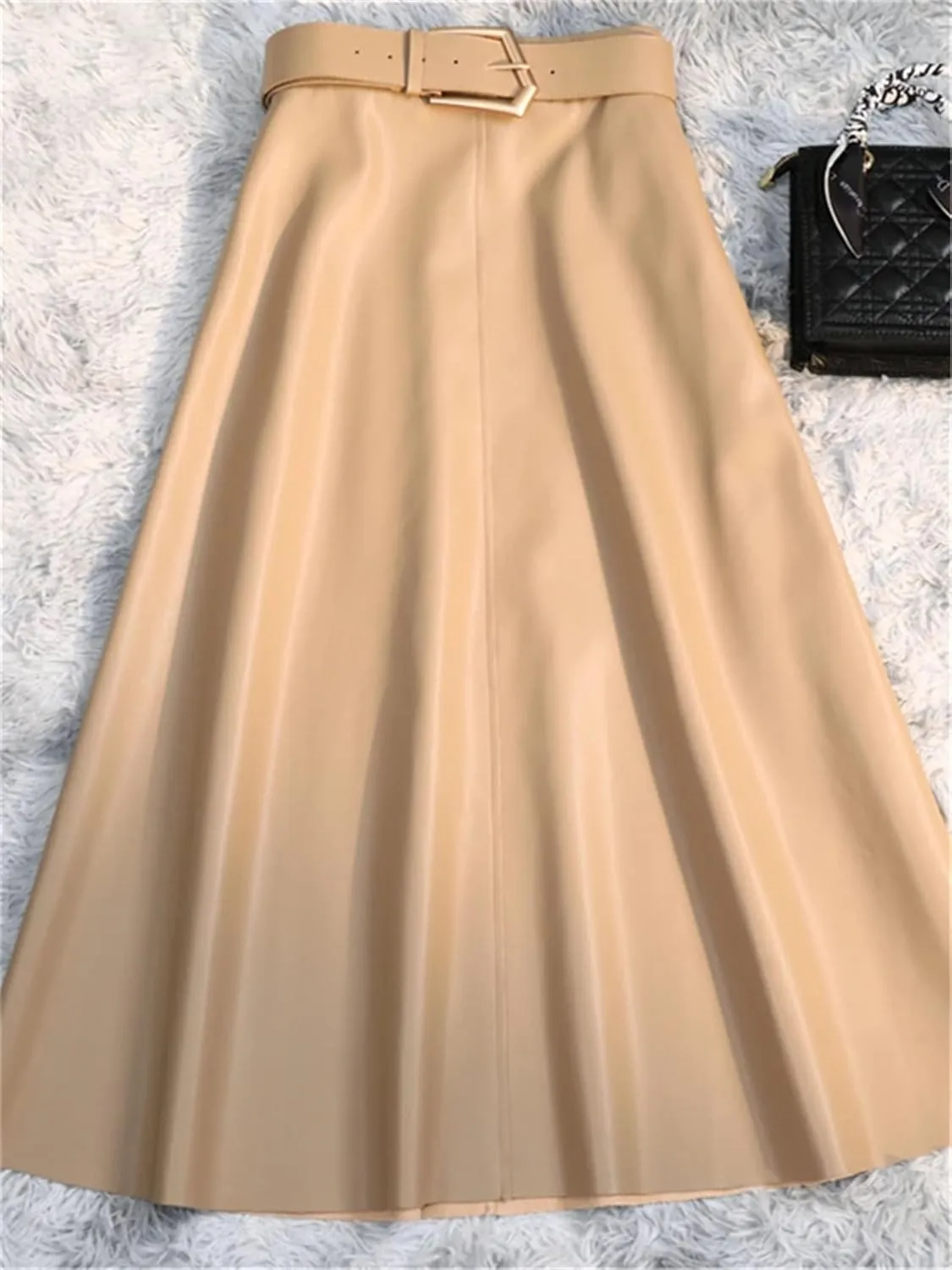 Women Winter Classic Faux PU Leather Long Skirts with Belted High Waist Midi Skirts Female