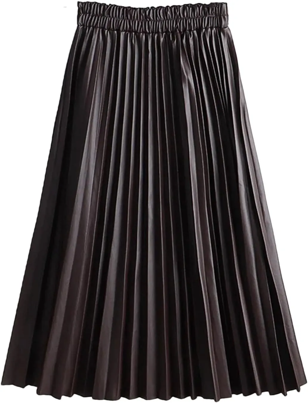 Women Winter Faux Leather Pleated Skirt Elegant Elastic Waist Long A-Line Midi Skirt