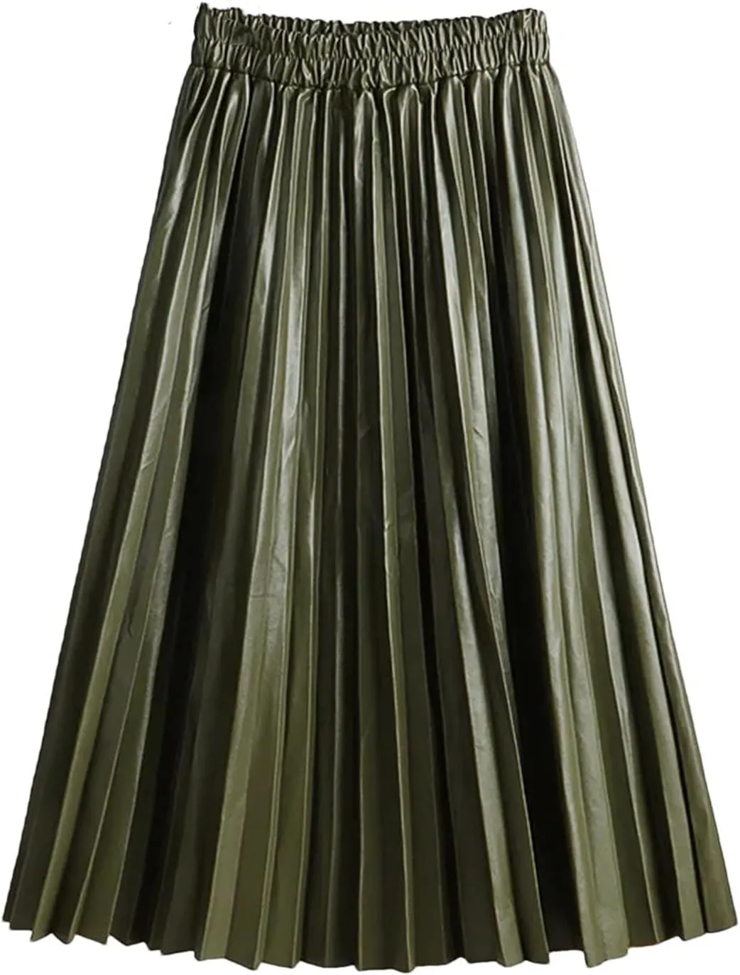 Women Winter Faux Leather Pleated Skirt Elegant Elastic Waist Long A-Line Midi Skirt