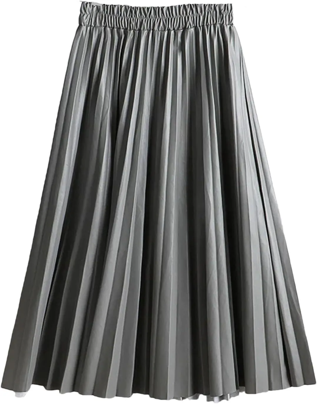 Women Winter Faux Leather Pleated Skirt Elegant Elastic Waist Long A-Line Midi Skirt