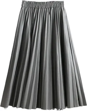 Women Winter Faux Leather Pleated Skirt Elegant Elastic Waist Long A-Line Midi Skirt