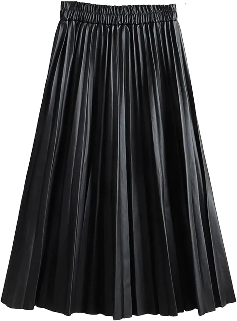 Women Winter Faux Leather Pleated Skirt Elegant Elastic Waist Long A-Line Midi Skirt