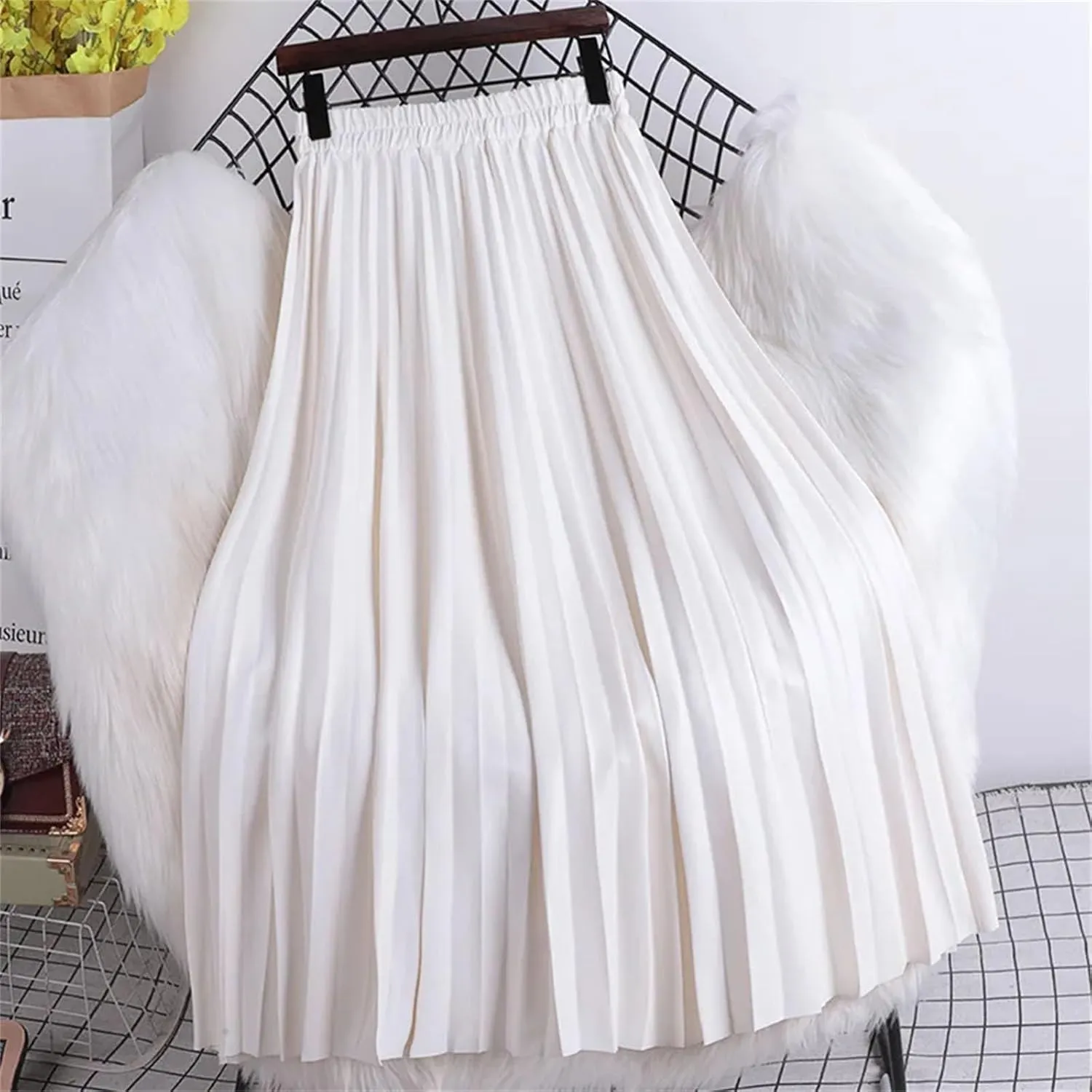 Women Winter Faux Leather Pleated Skirt Elegant Elastic Waist Long A-Line Midi Skirt