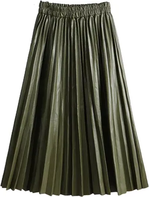 Women Winter Faux Leather Pleated Skirt Elegant Elastic Waist Long A-Line Midi Skirt