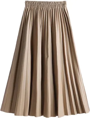 Women Winter Faux Leather Pleated Skirt Elegant Elastic Waist Long A-Line Midi Skirt