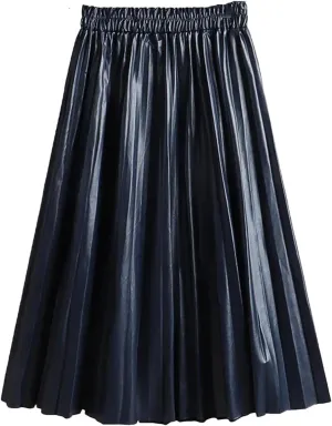 Women Winter Faux Leather Pleated Skirt Elegant Elastic Waist Long A-Line Midi Skirt
