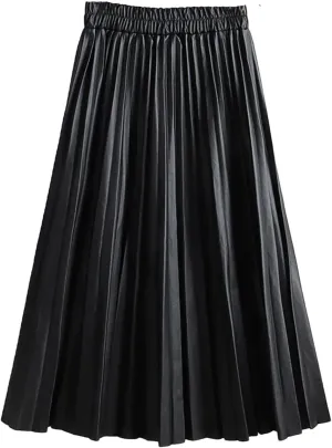 Women Winter Faux Leather Pleated Skirt Elegant Elastic Waist Long A-Line Midi Skirt