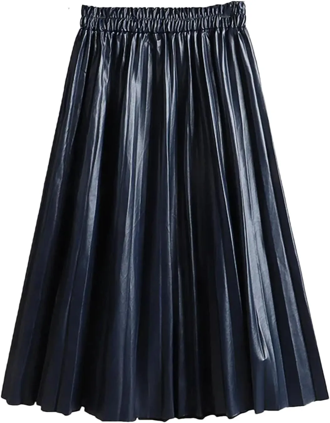 Women Winter Faux Leather Pleated Skirt Elegant Elastic Waist Long A-Line Midi Skirt