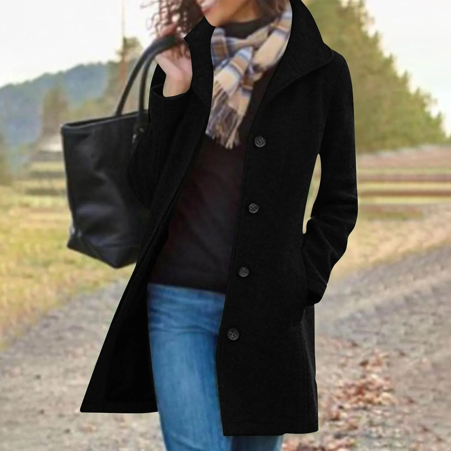 Women Winter Long Pea Coat Wool Blend Stand Collar Single Breast Thicken Blazer Jacket Casual Trench Coat Overcoats
