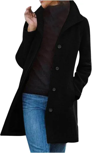 Women Winter Long Pea Coat Wool Blend Stand Collar Single Breast Thicken Blazer Jacket Casual Trench Coat Overcoats