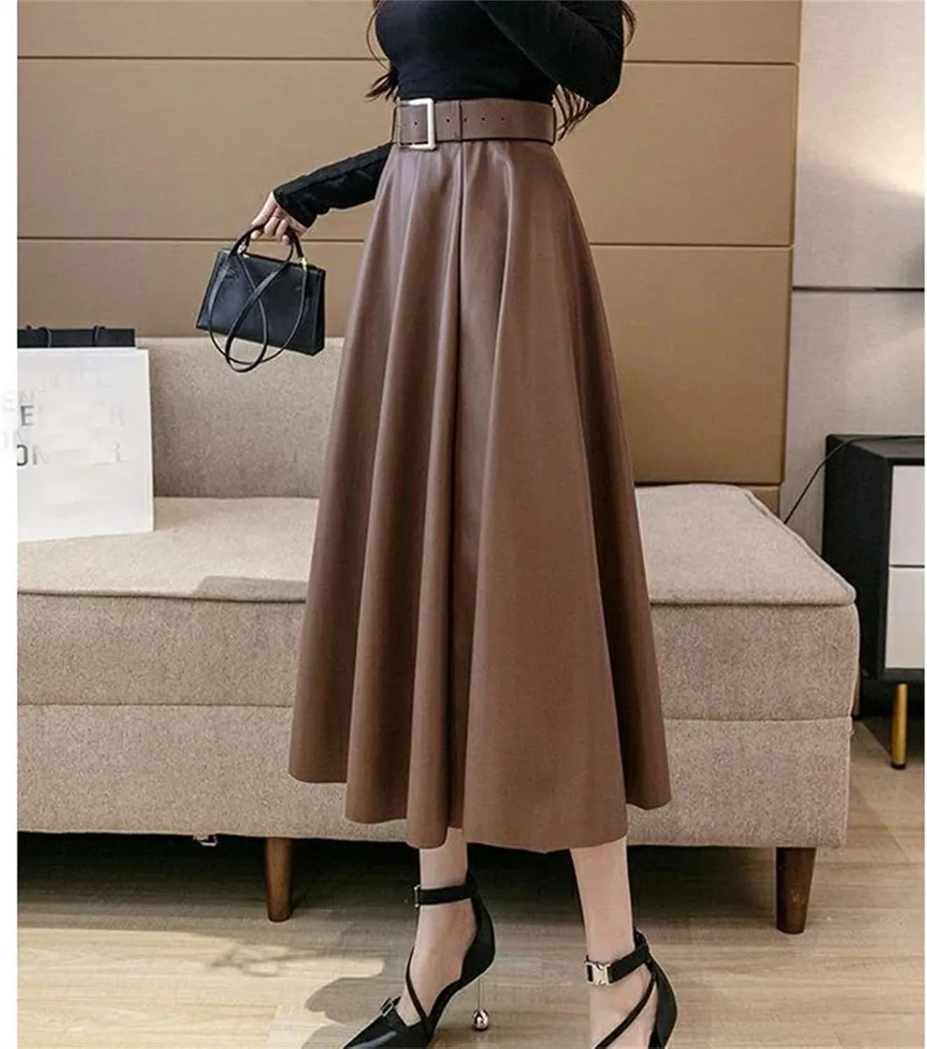 Women Winter Vintage Solid Leather Pleated Loose Belt Midi Skirt High Waist A Line Skirts
