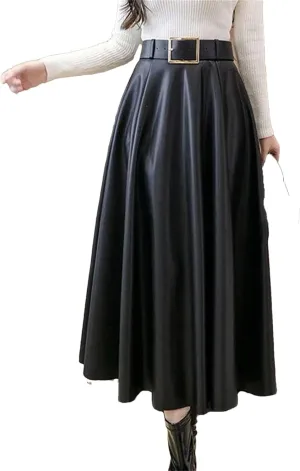 Women Winter Vintage Solid Leather Pleated Loose Belt Midi Skirt High Waist A Line Skirts