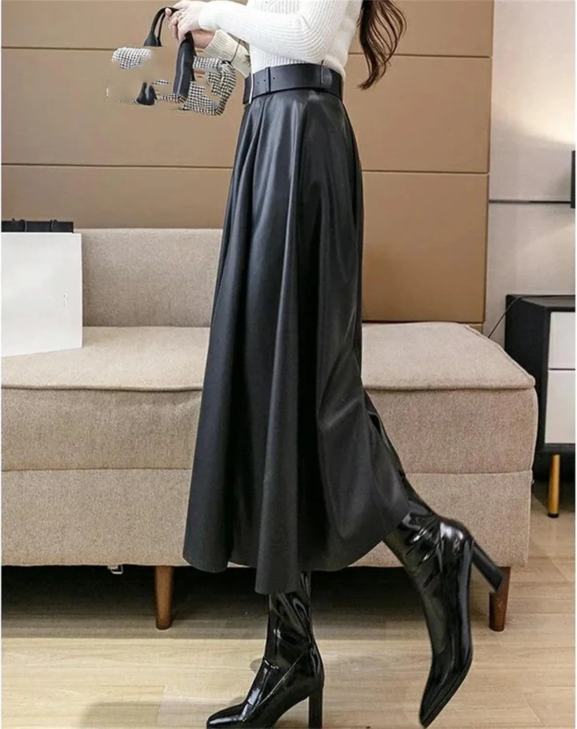 Women Winter Vintage Solid Leather Pleated Loose Belt Midi Skirt High Waist A Line Skirts