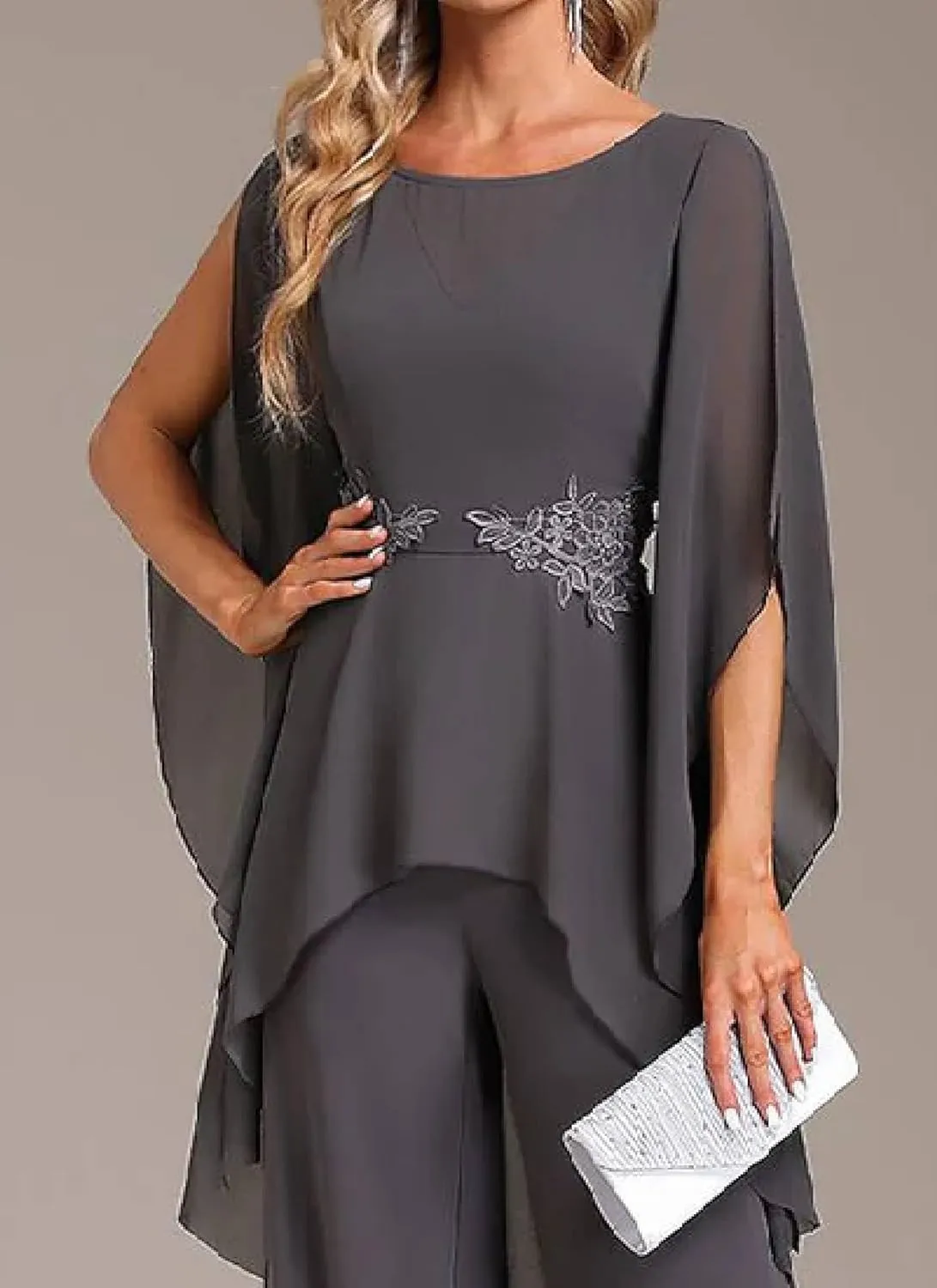 Women's 2 Piece Chiffon Sets Outfits Flowy Summer Casual Dressy Pantsuits Round Neck Split Long Sleeve Baggy Pants Suits