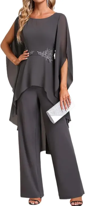 Women's 2 Piece Chiffon Sets Outfits Flowy Summer Casual Dressy Pantsuits Round Neck Split Long Sleeve Baggy Pants Suits