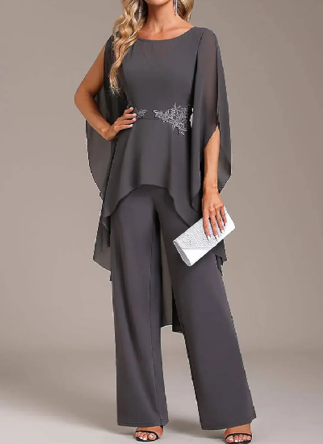 Women's 2 Piece Chiffon Sets Outfits Flowy Summer Casual Dressy Pantsuits Round Neck Split Long Sleeve Baggy Pants Suits