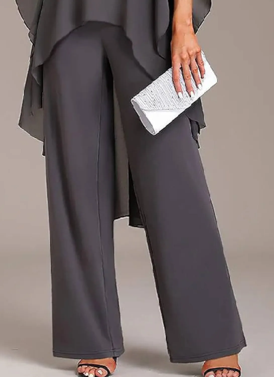 Women's 2 Piece Chiffon Sets Outfits Flowy Summer Casual Dressy Pantsuits Round Neck Split Long Sleeve Baggy Pants Suits