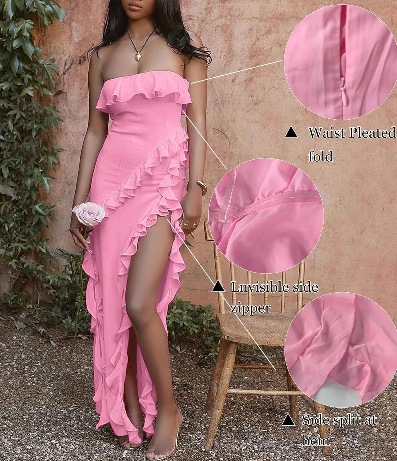 Women's 2024 Maxi High Slit Tubular Tight Dresses Strapless Mesh Tassel Ruffle Party Skirt